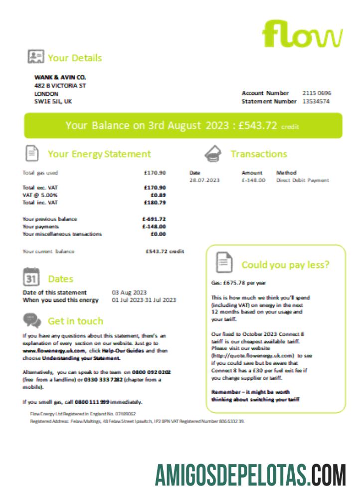 Projeto de lei comercial de serviços públicos de energia Flow, SCR exemplo real